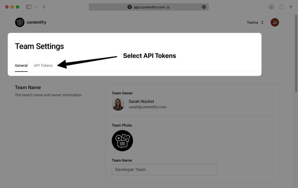 Select API Tokens Tab